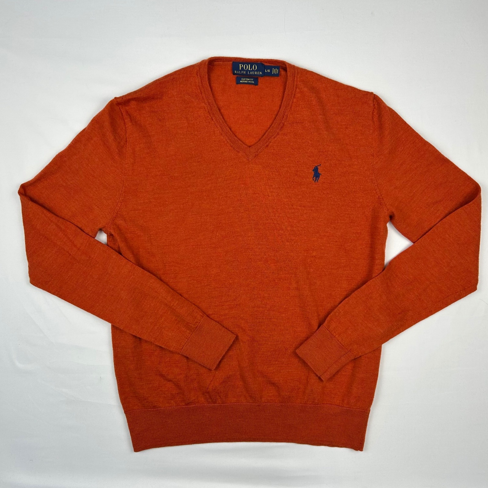 Polo Ralph Lauren Mens Orange Merino Wool V-Neck Sweater Custom Fit Large L/G